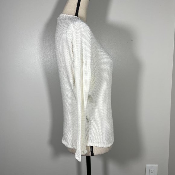 Jolie Ivory Cream V Neck Cut Out Waffle Knit Long Sleeve Pullover Sweater S - Picture 9 of 11